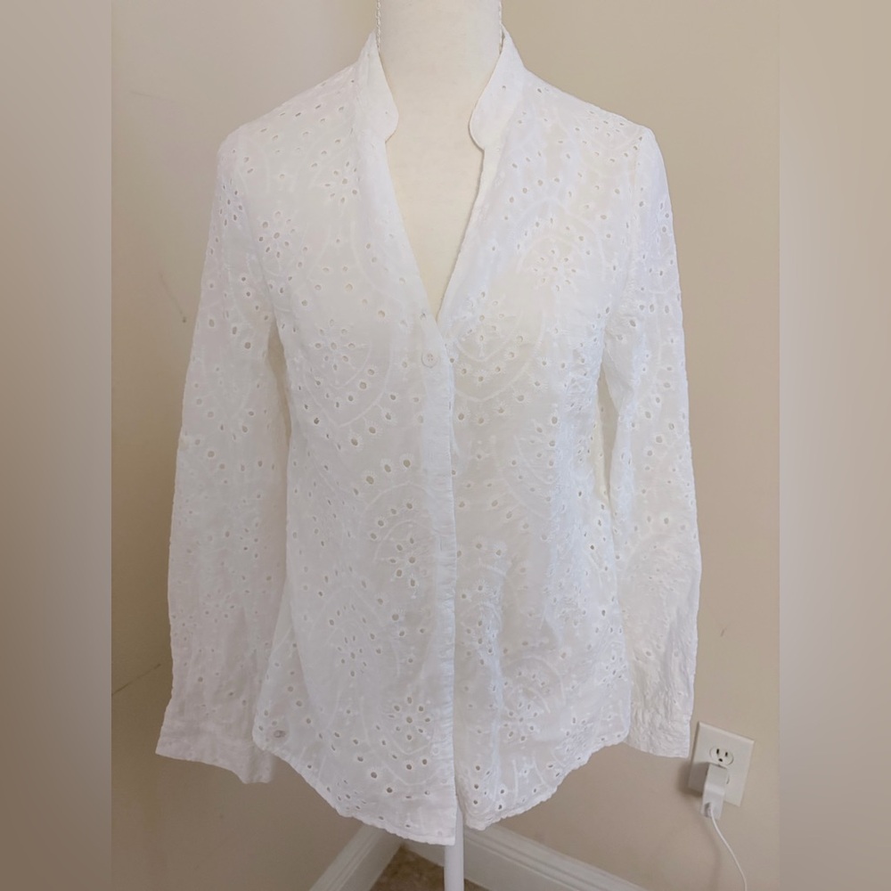 White Eyelet Button-Down Shirt with Feminine Detailing